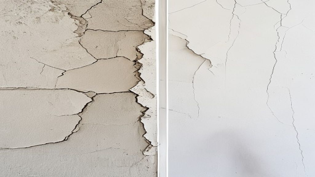 Split frame showing cracked drywall on left and smooth repaired wall on right