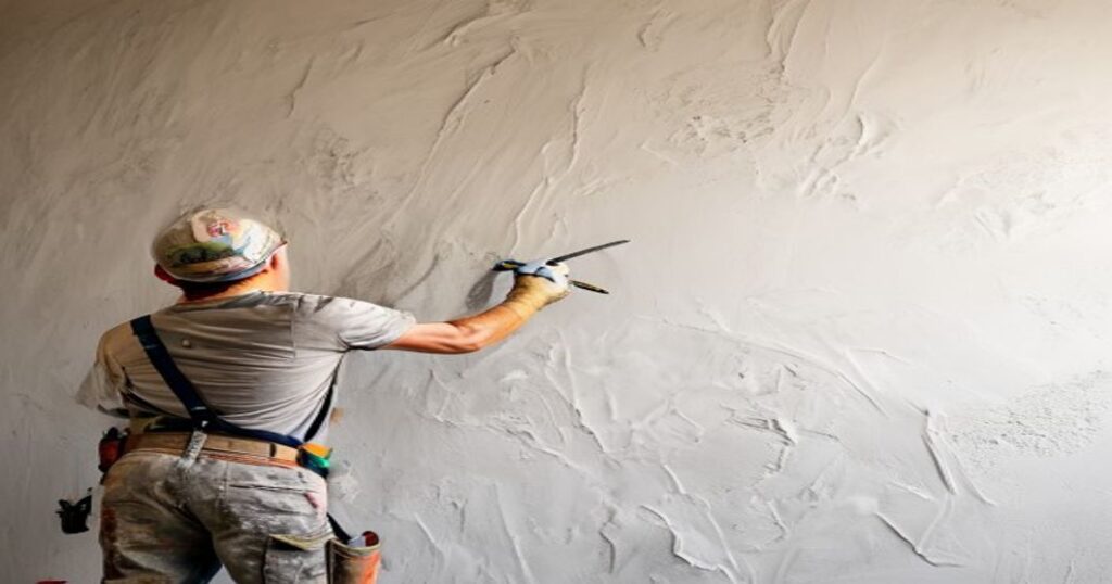 Professional plasterer repairing wall surface with hawk and trowel