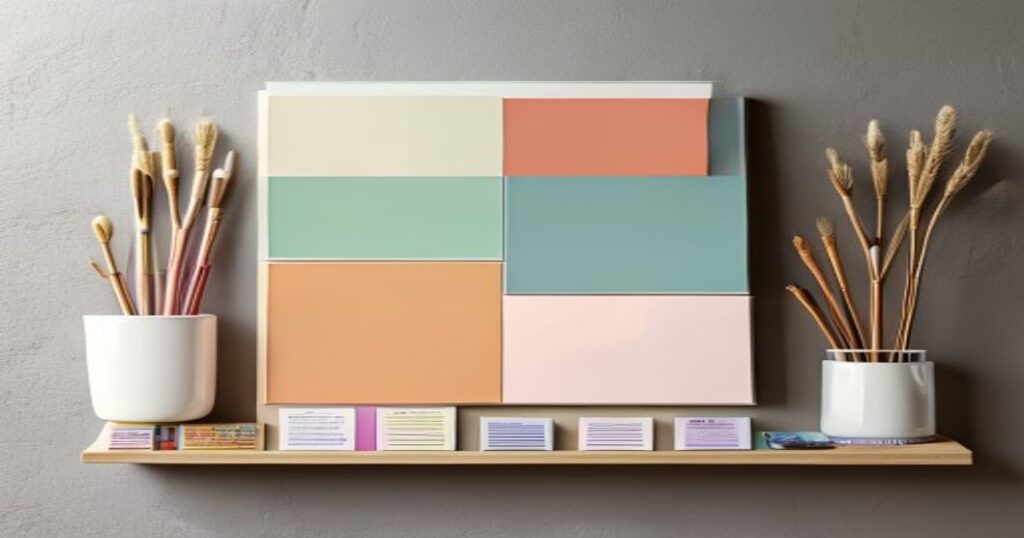 Paint color swatches fan deck on interior wall