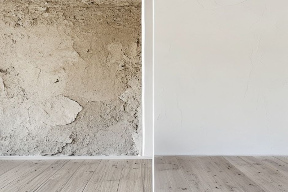 Wall before and after skim coating: rough drywall on the left, smooth finished plaster on the right