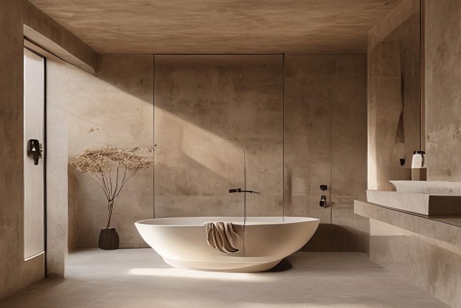 Modern bathroom with seamless microcement walls applied in warm taupe color
