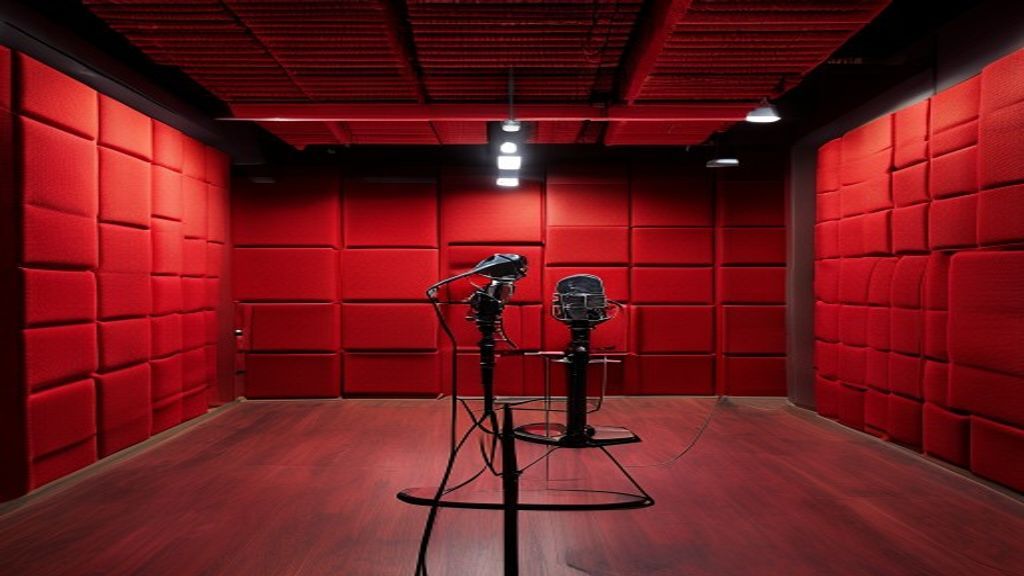 Empty radio broadcast studio with deep red fabric-wrapped acoustic panels covering the shared wall
